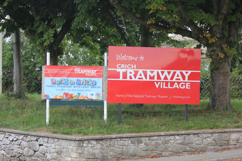The sign outside the entrance to Crich Tramway Village in Derbyshire advertising their Build in Bricks event at the end of August 2018