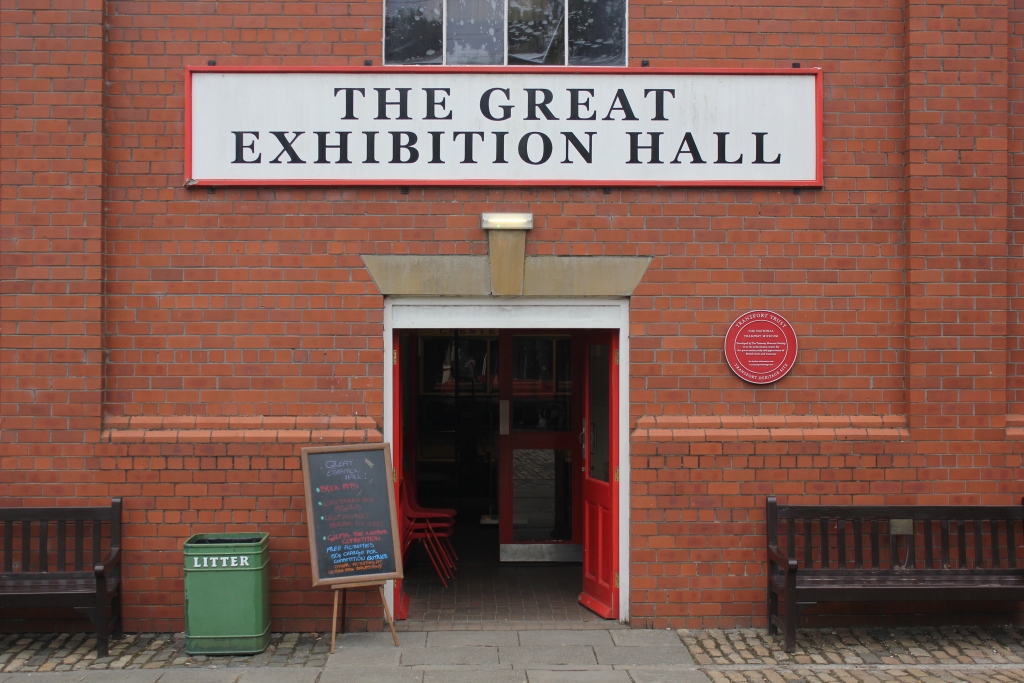 The entrance to the Great Exhibition Hall at Crich Tramway Village in Derbyshire