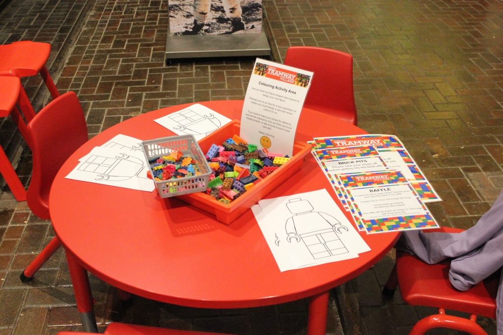 A colouring activity in the Great Exhibition Hall at Crich Tramway Village in Derbyshire during their Build in Bricks event at the end of August 2018