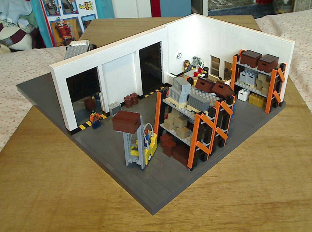 A general view of the inside area of a warehouse built from LEGO bricks.