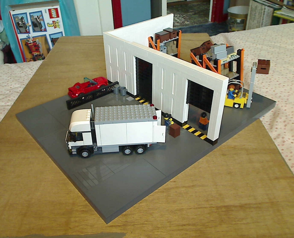 A general view of the outside area of a warehouse built from LEGO bricks.