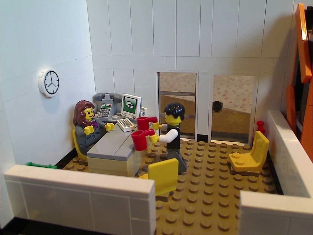 A close up of the reception area inside my warehouse built from LEGO bricks.