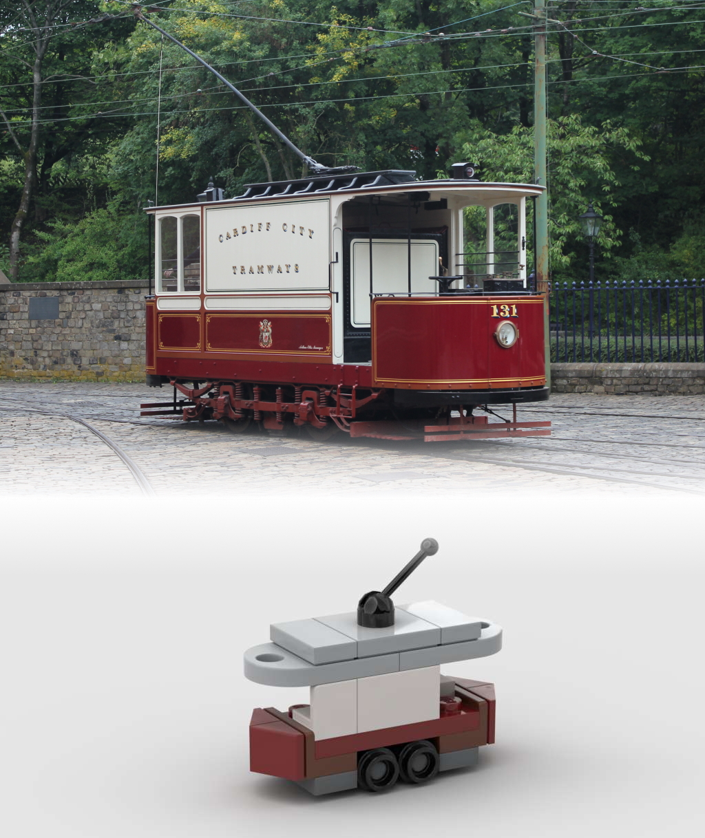 Comparison images of the miniature LEGO Cardiff tram 131 and the real thing
