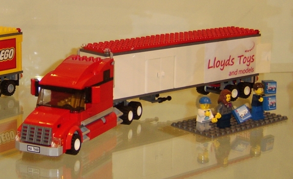 Lorries in a Lloyds Toys Colour Scheme Built From LEGO Bricks